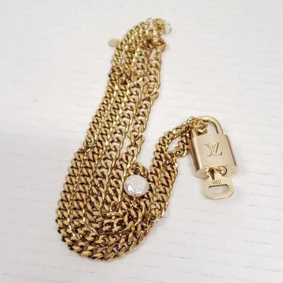 Auth Louis Vuitton Lock&Key Gold w/Unbranded Cuban Style Stainless Double Chain - Picture 7 of 14